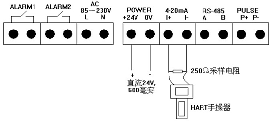 高溫型熱式氣體質量流量計四線制4-20mA接線圖